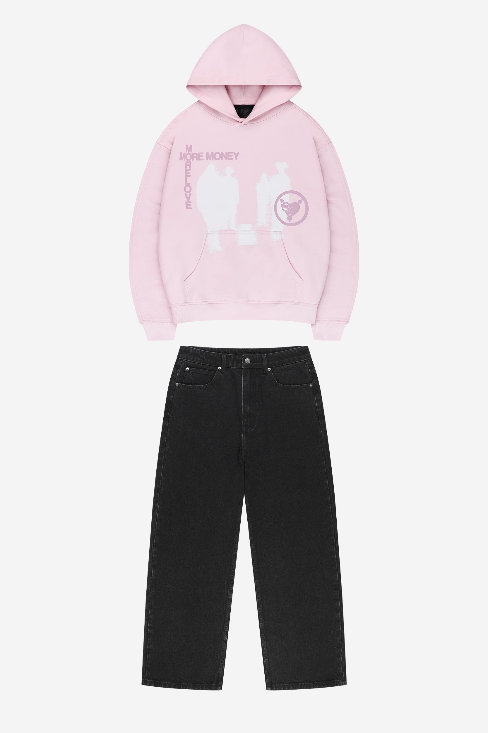 LOST BOND HOODIE LIGHT PINK + DA BAGGY DENIM BLACK