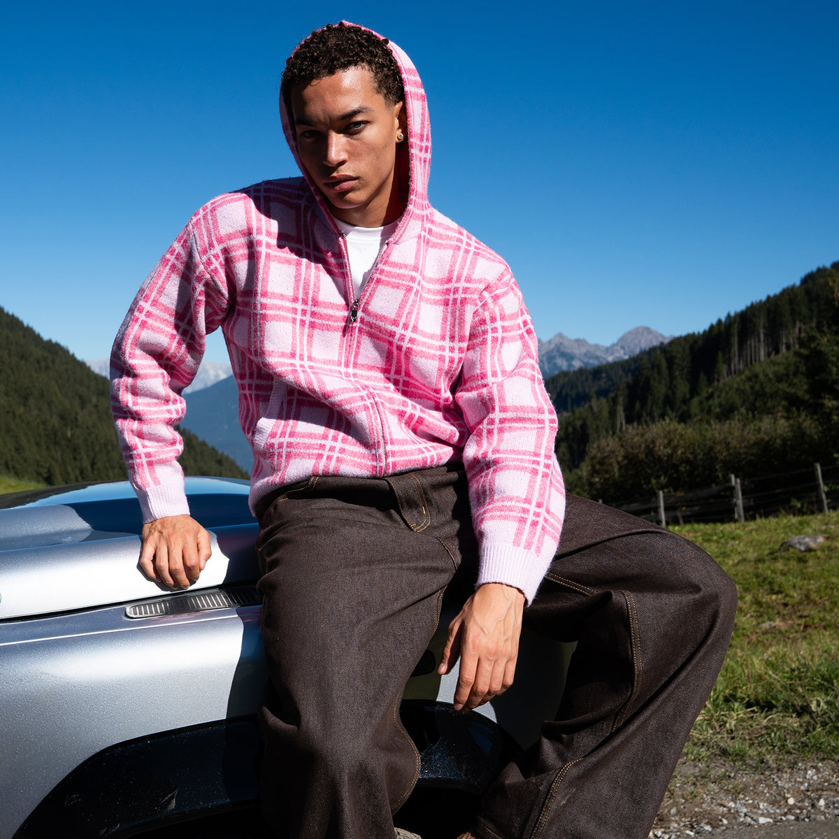 PLAID FUZZY KNIT ZIP PINK