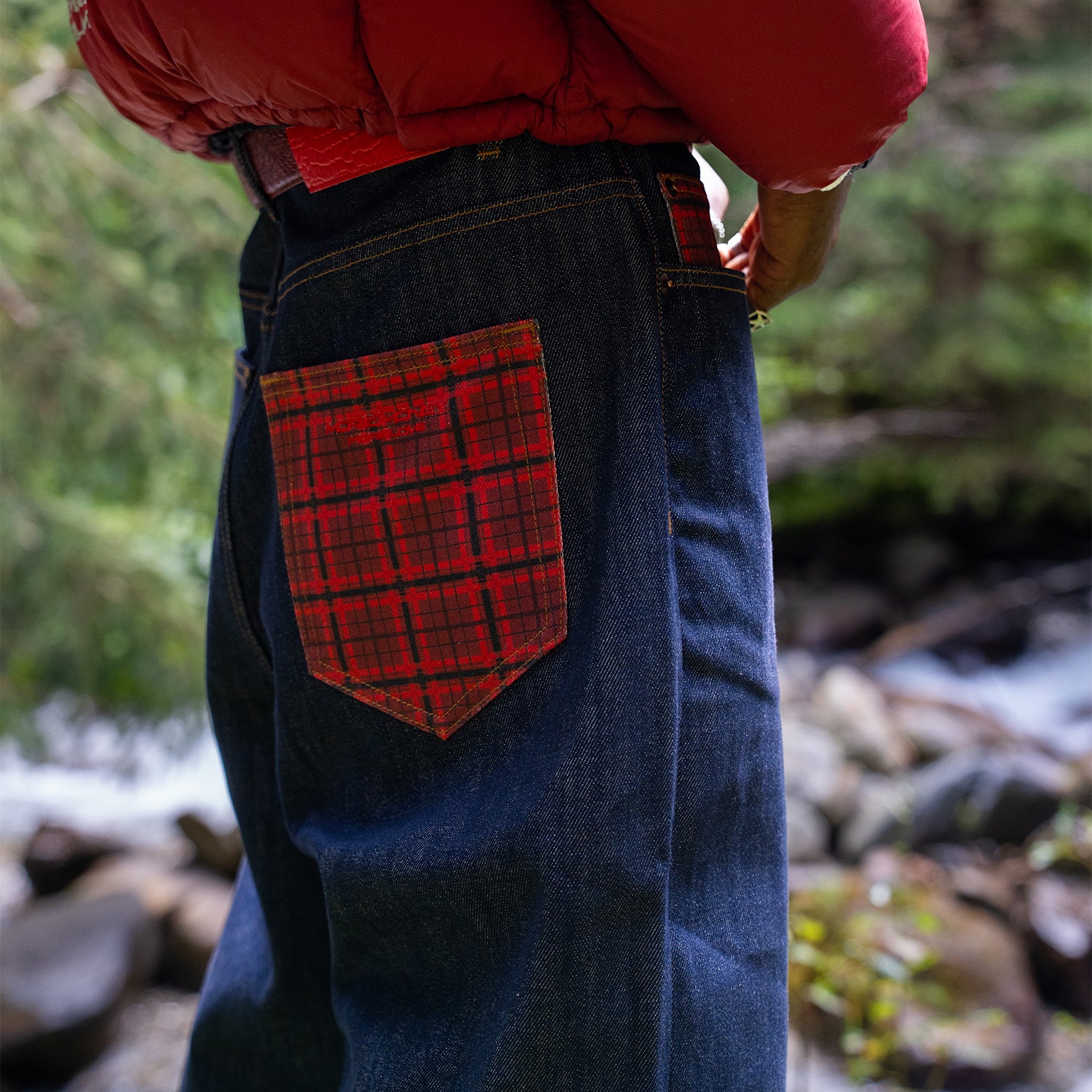 PLAID PATCHWORK RAW DENIM