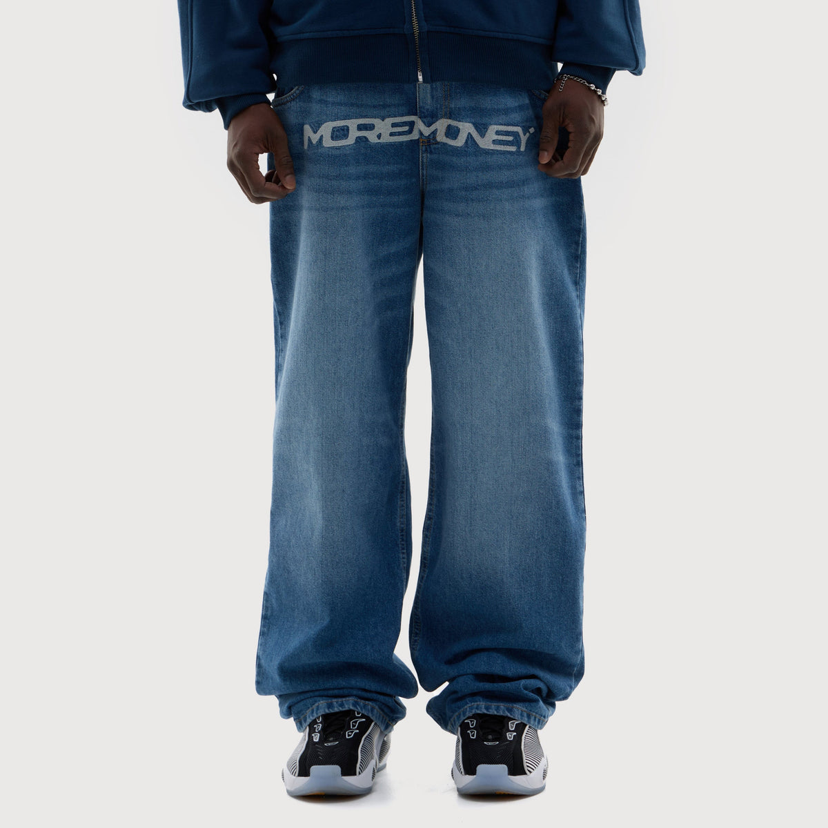 MORE MONEY LOGO BAGGY DENIM BLUE