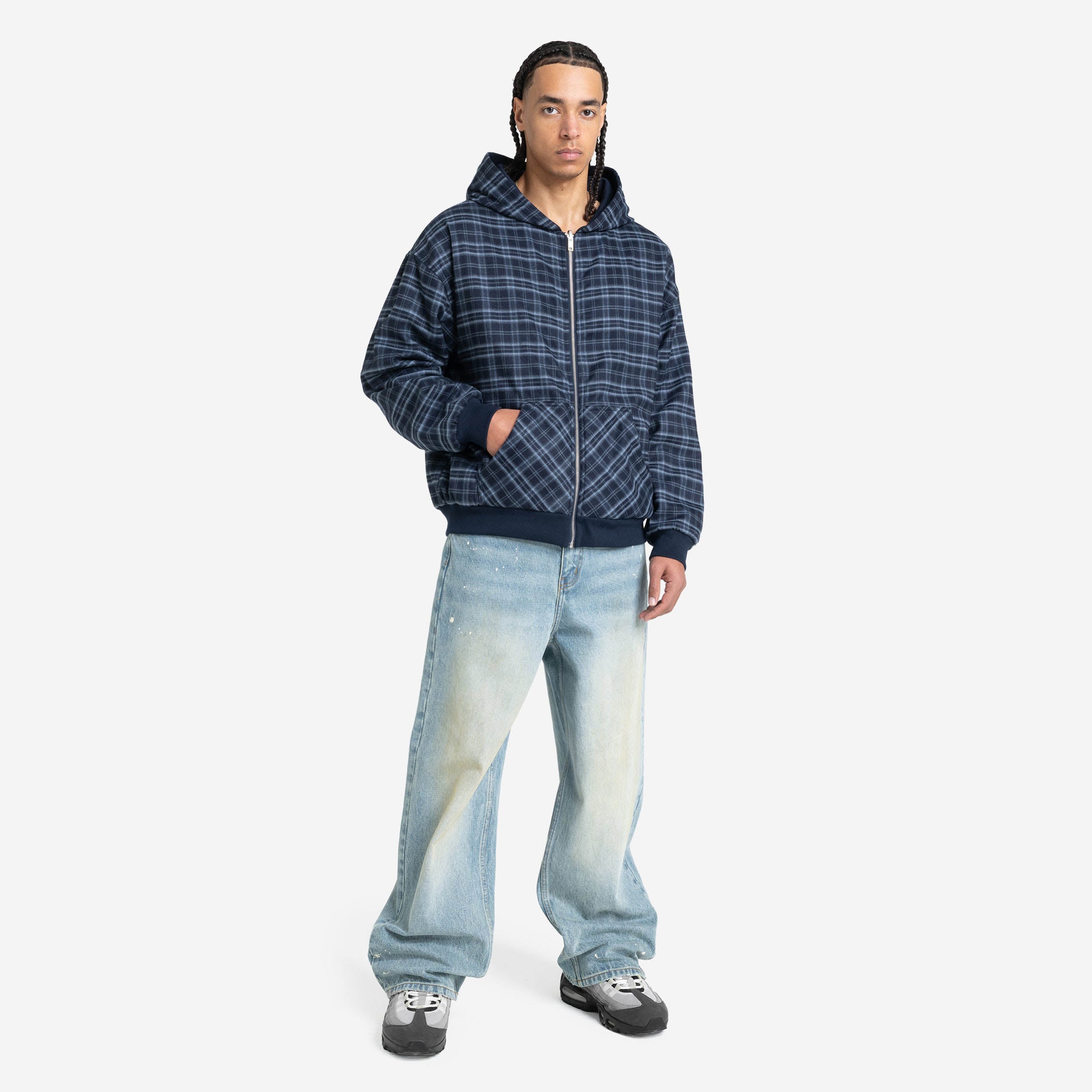 REVERSIBLE PLAID ZIP HOODIE NAVY