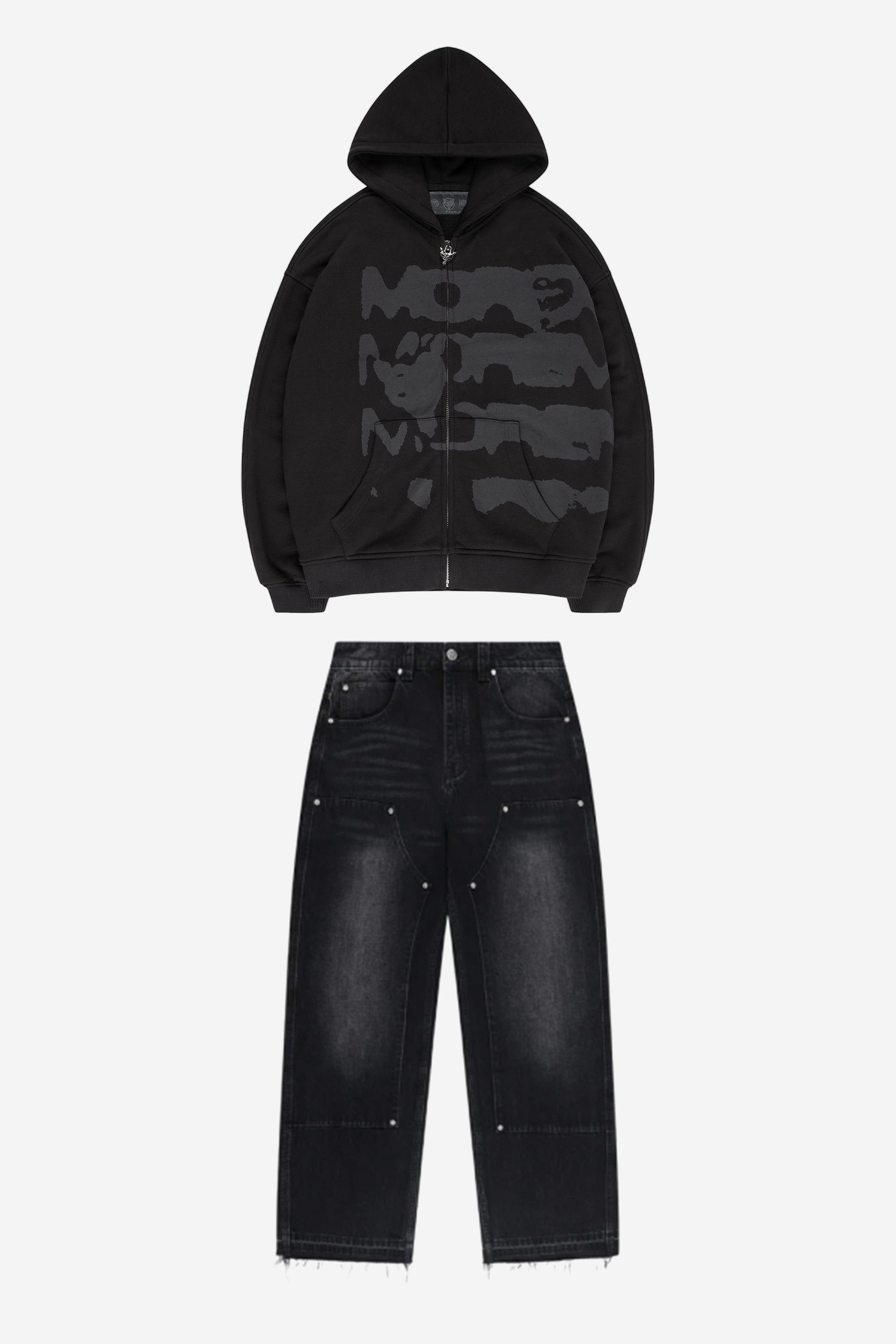 RADIANT CASH ZIP ALL BLACK + RHINESTONE CARPENTER DENIM BLACK