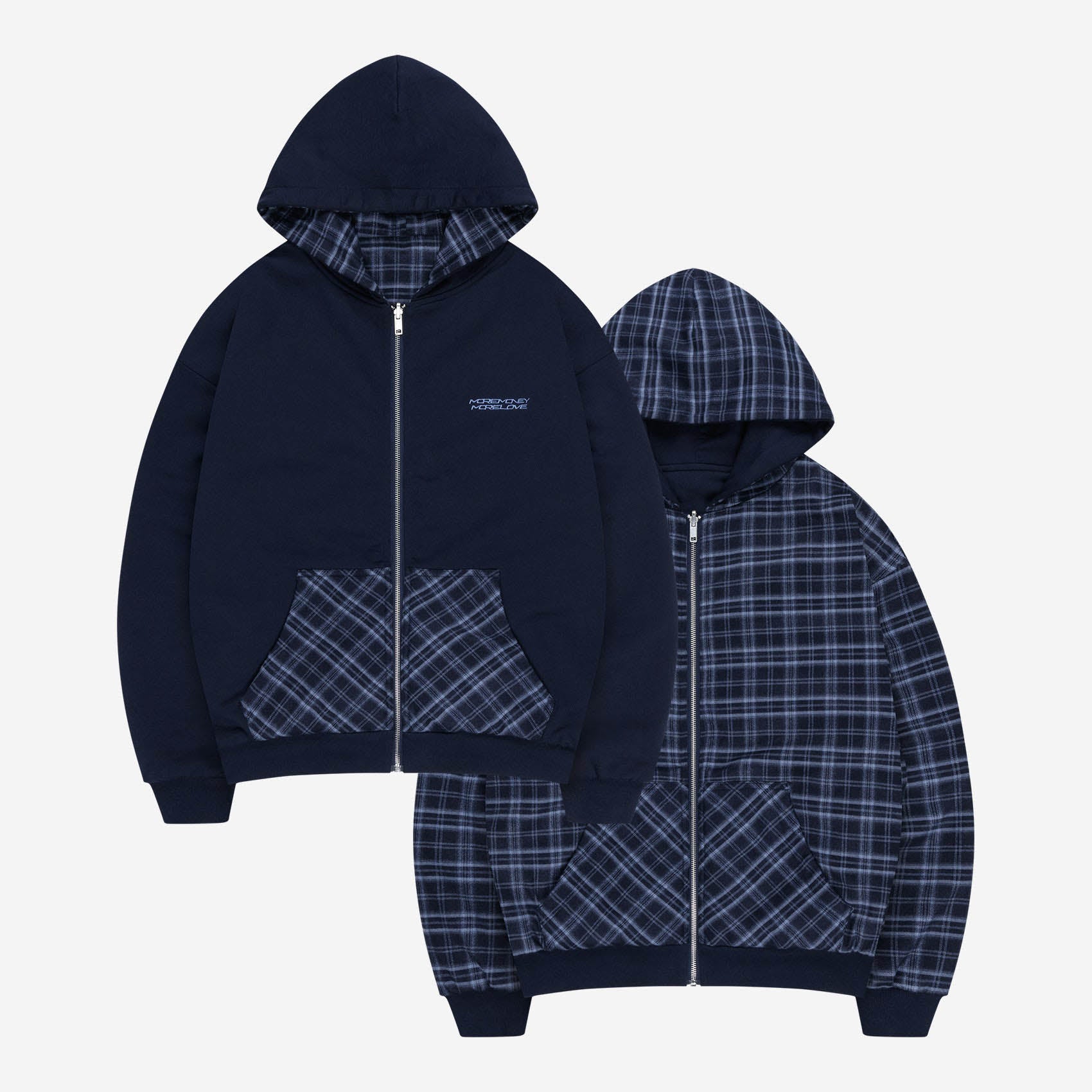 REVERSIBLE PLAID ZIP HOODIE NAVY