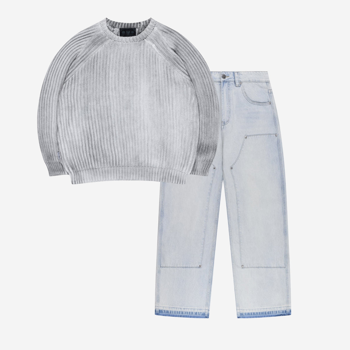 WASHED KNIT SWEATER LIGHT GREY + RHINESTONE CARPENTER DENIM BLUE